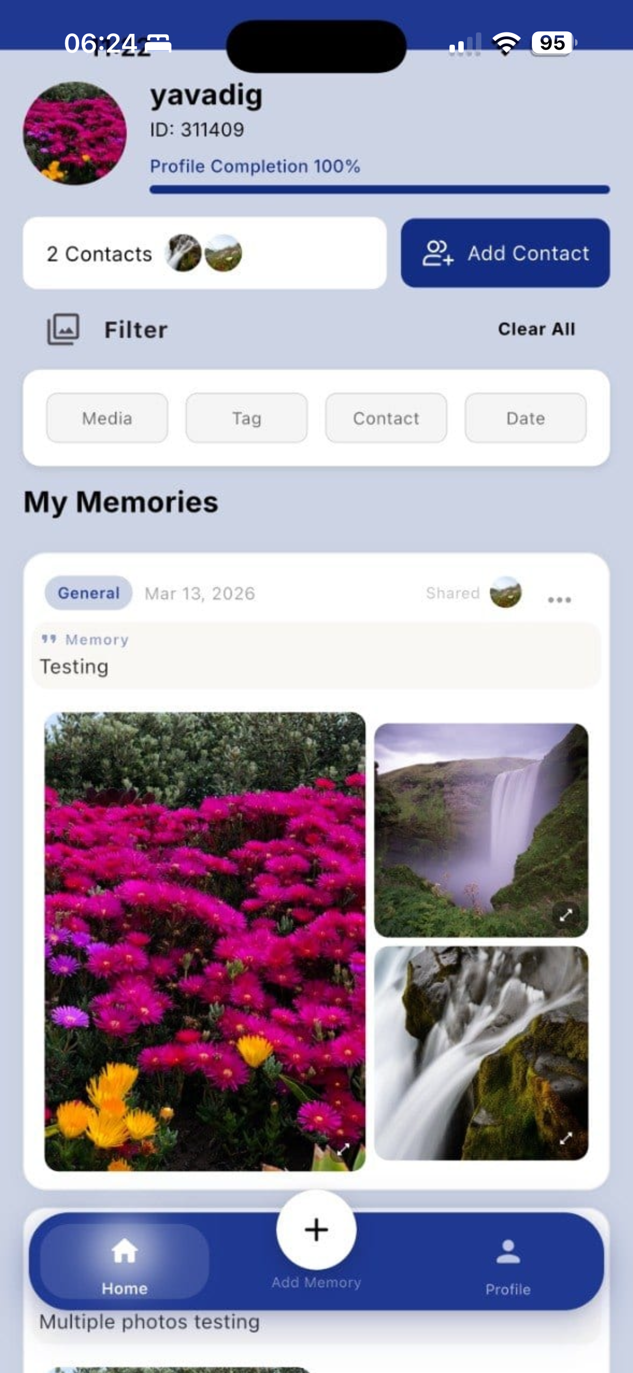 My Memories feed showing shared photos, songs and messages