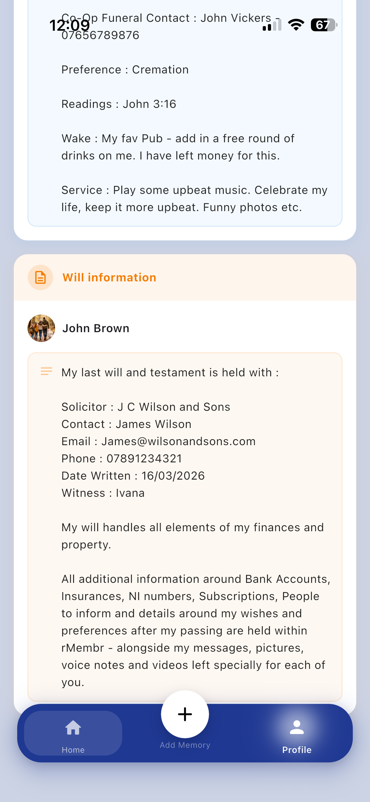 Life admin — will information and funeral details stored securely