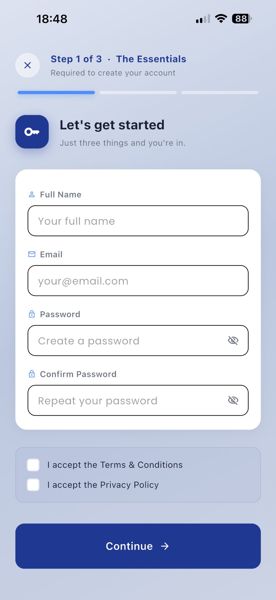 Sign up screen