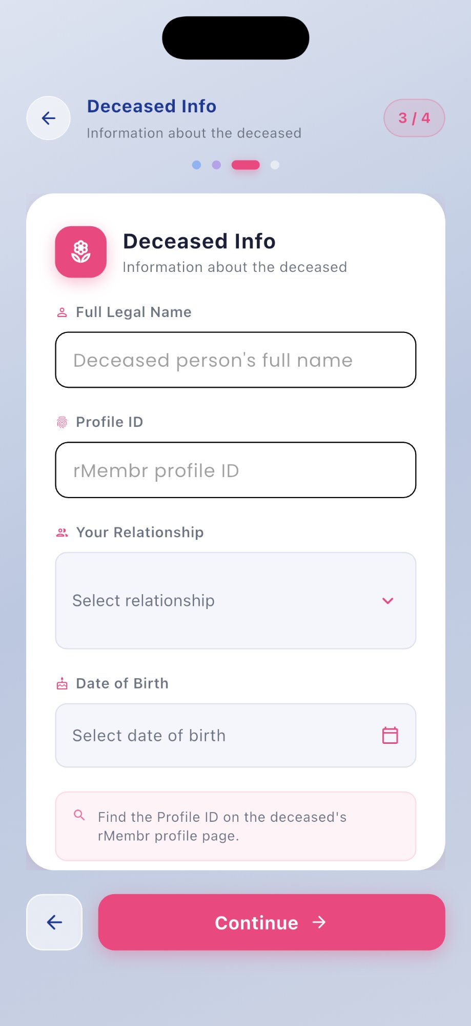 Deceased info form — confirming a passing in the rMembr app