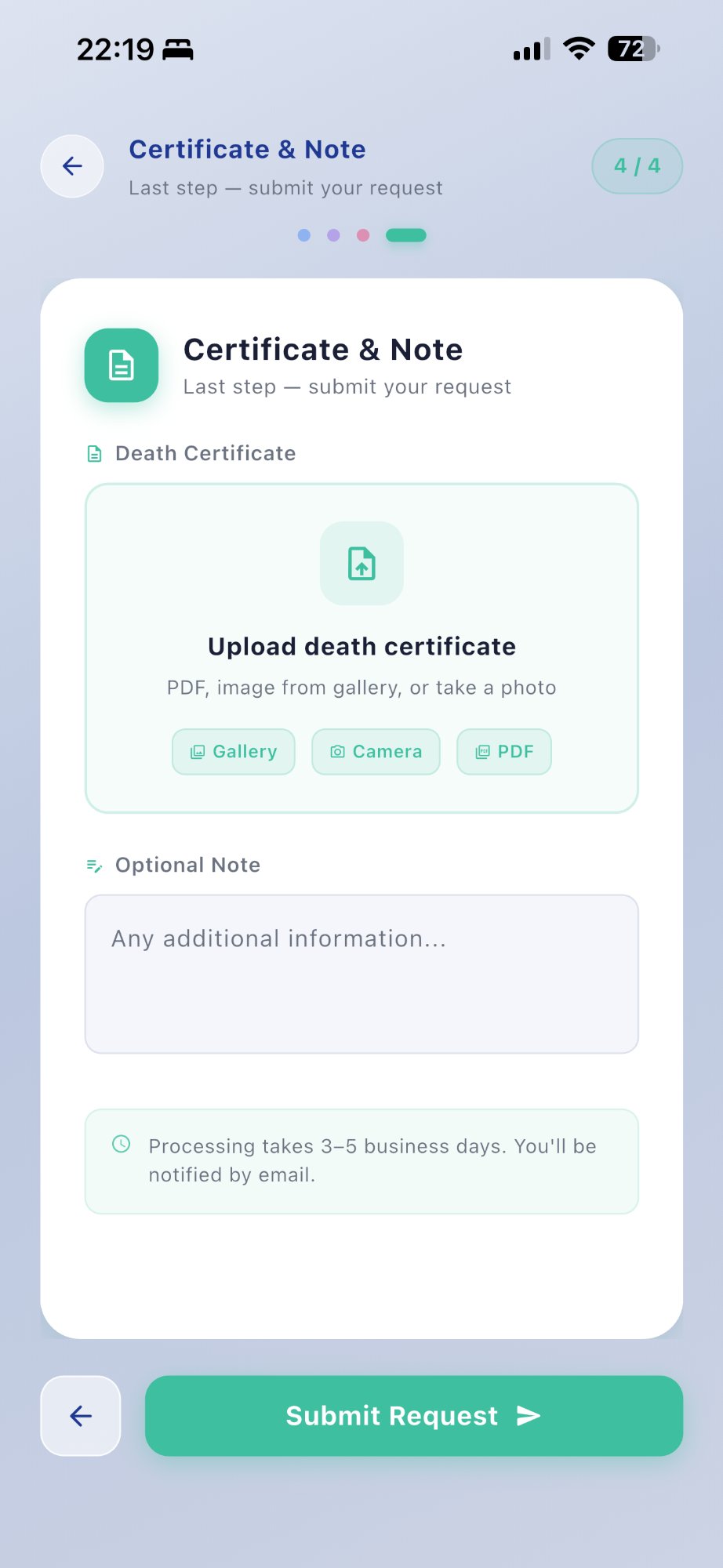 Certificate and note — uploading death certificate in the rMembr app