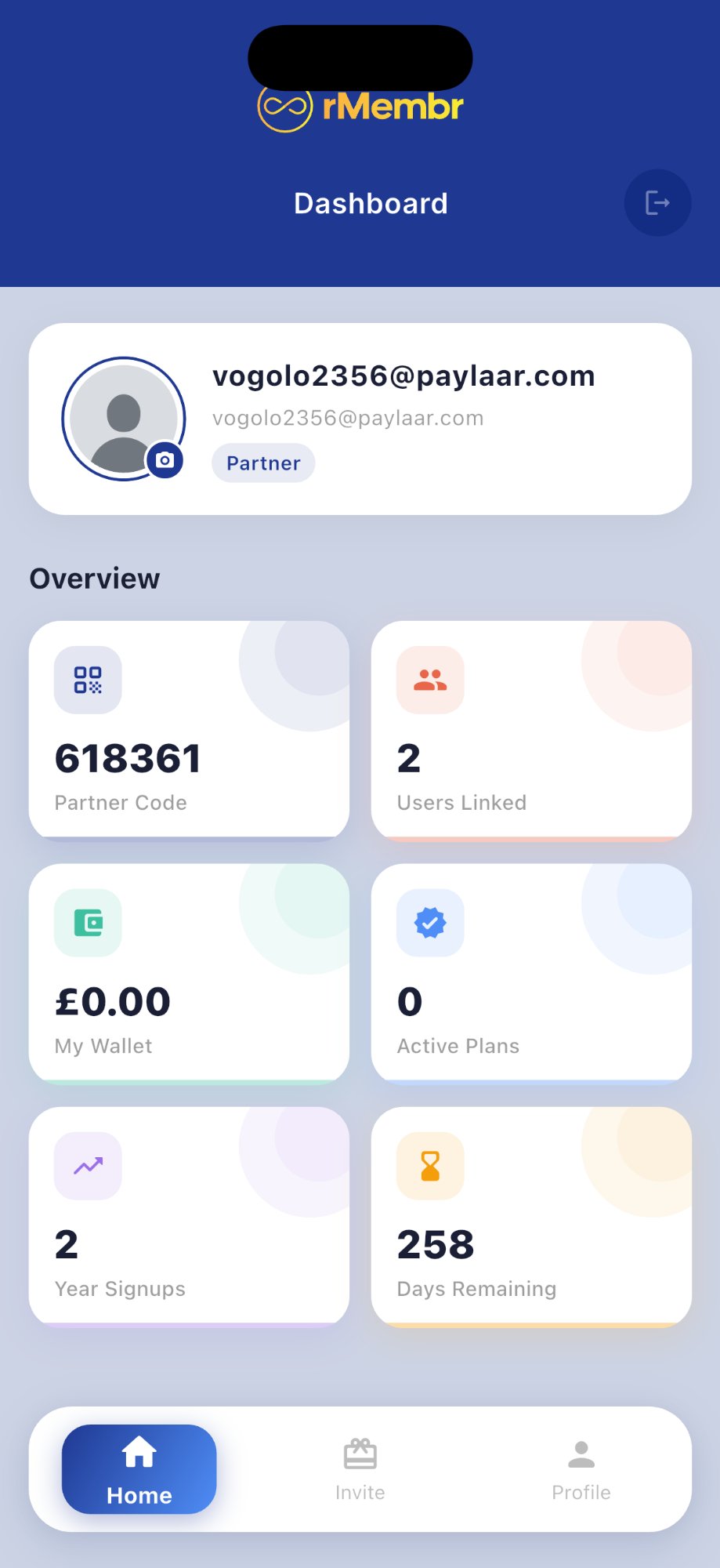 rMembr partner dashboard showing users linked, wallet balance and active plans